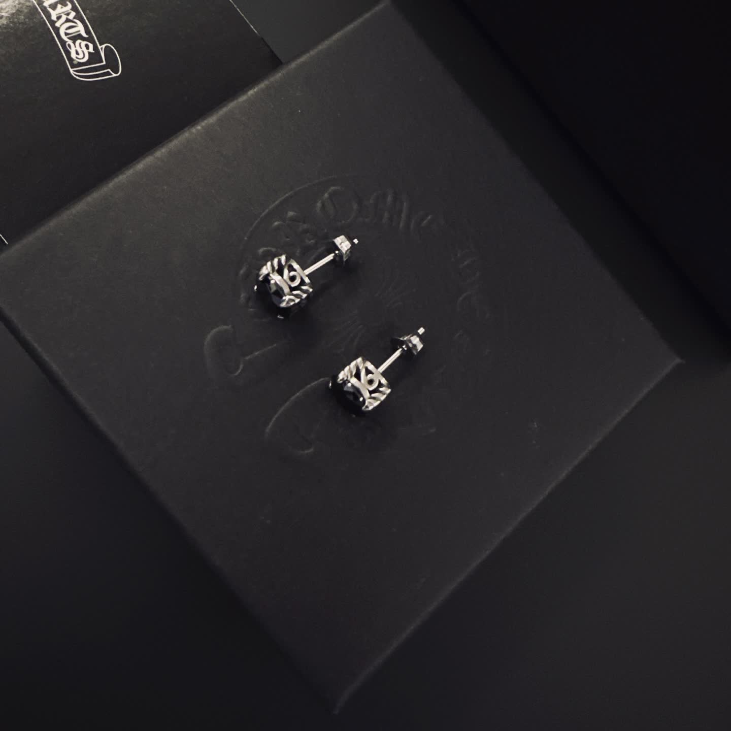 Chrome Hearts Silver Earrings with Black Stones
